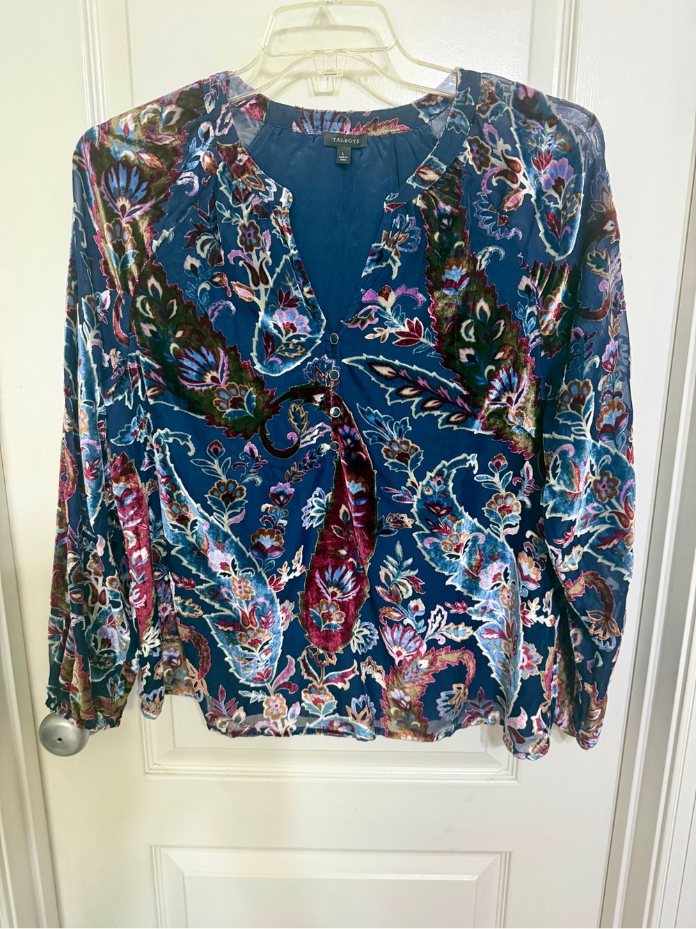 Talbots Teal-Blue Velvet Paisley Long-Sleeve Blouse